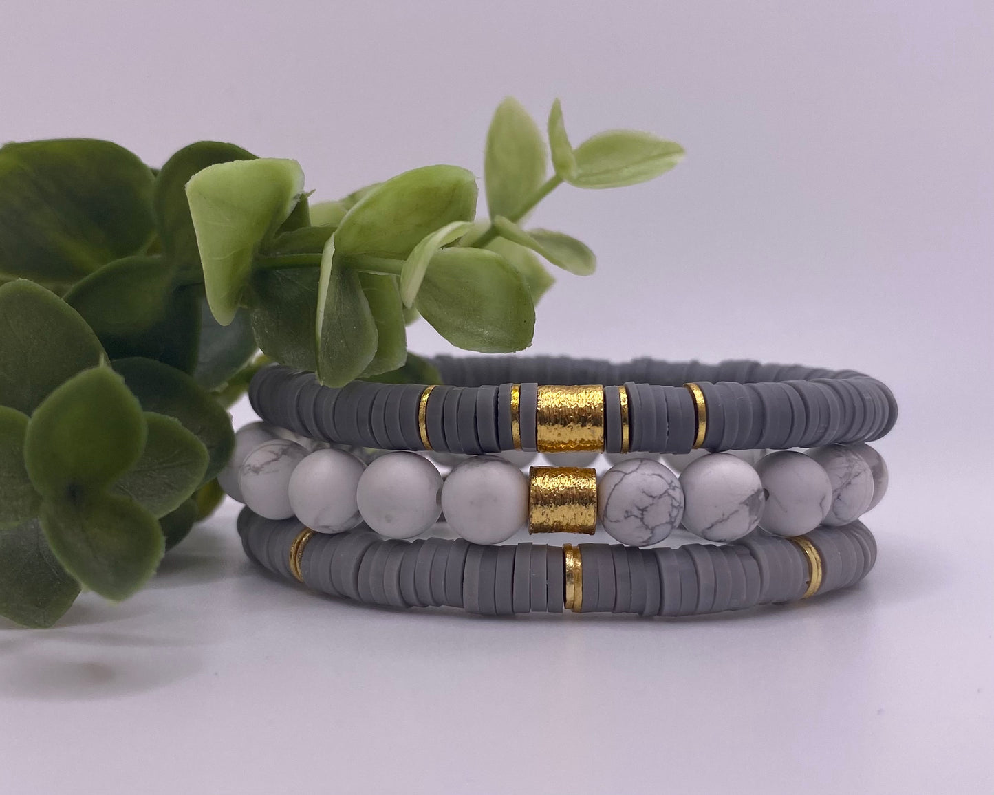 Multi-Colored Heishi Stack Bracelets (Grey & Howlite)