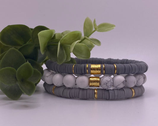 Multi-Colored Heishi Stack Bracelets (Grey & Howlite)