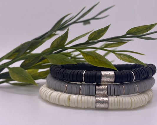 Multi-Colored Heishi Stack Bracelets (Greyscale)